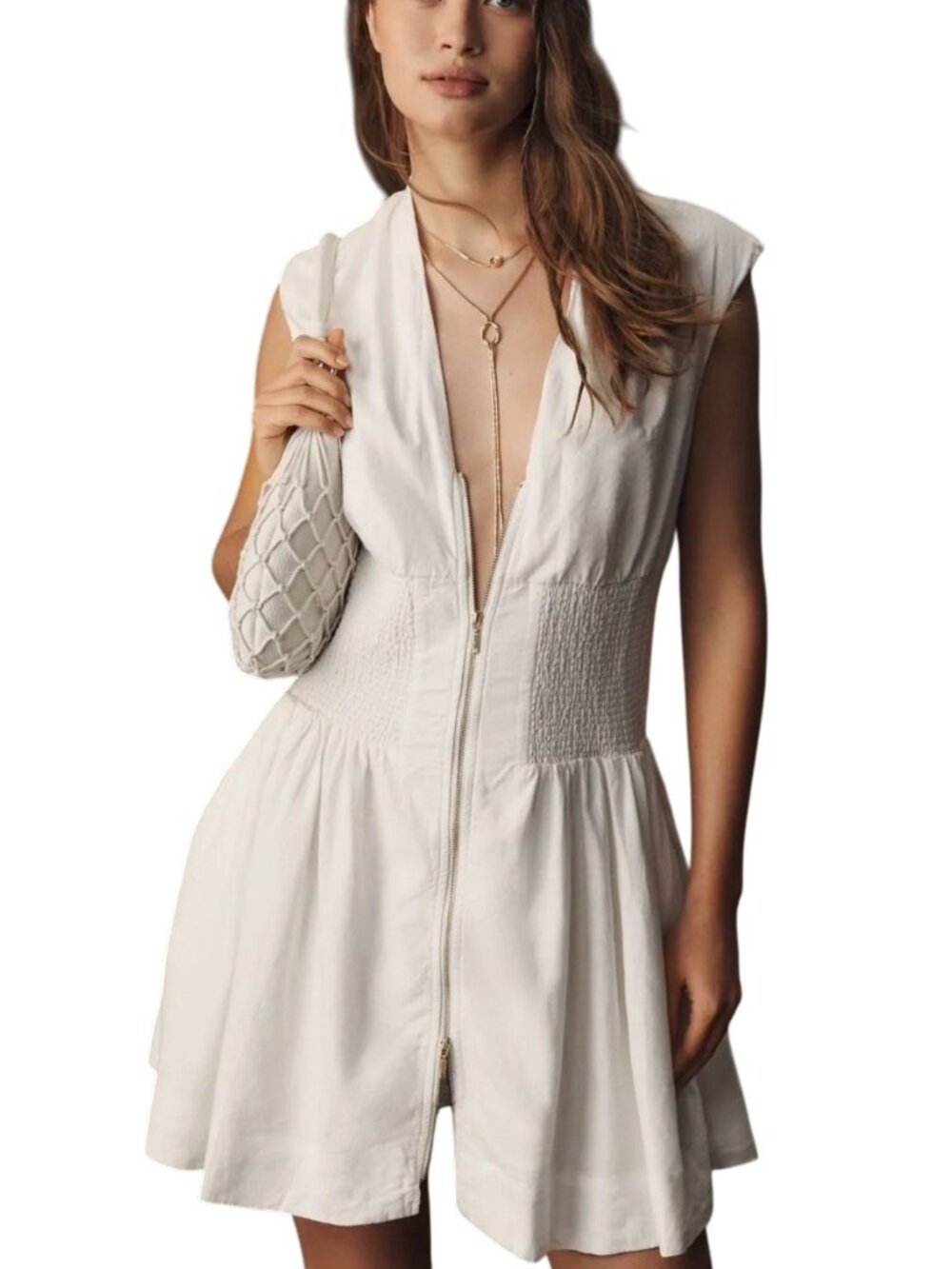 Anthropologie The Tommie Mini Dress Linen-Blend Cap-Sleeve Front-Zip White M